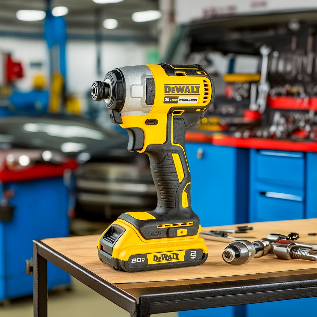 A cordless power tool with its battery pack on a workshop bench