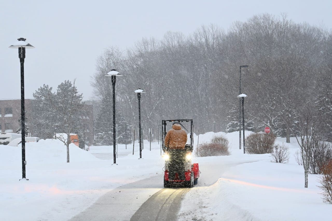 A wide plowed strip of snow pushed to the edge of a driveway
