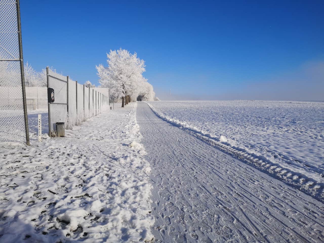 A frozen, ice-covered path in hard winter light