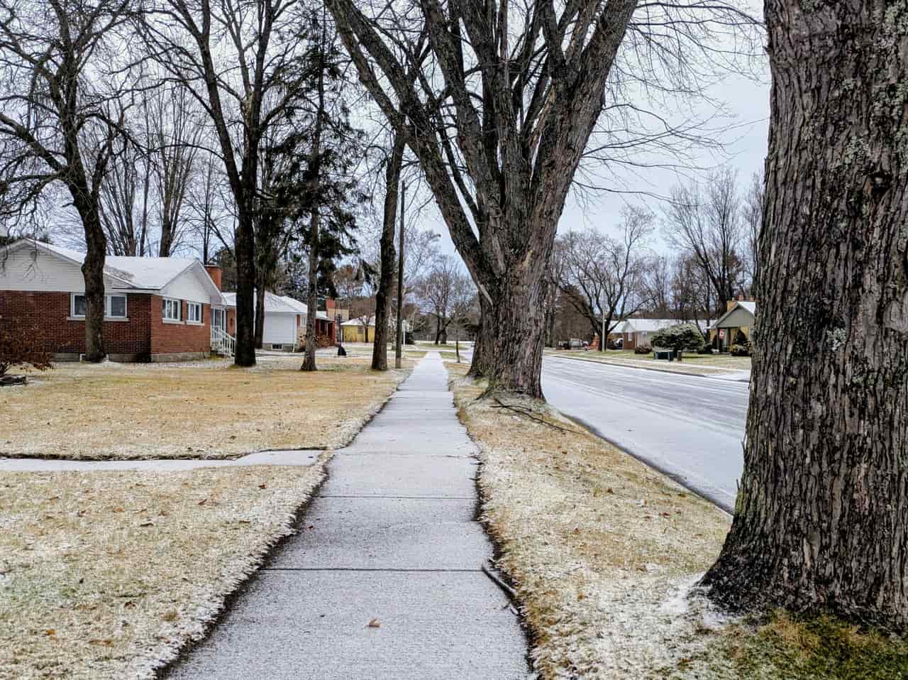 A cleared path through snow beside a residential front walkway and steps